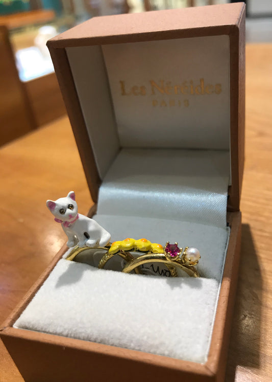 AFLC601/12 SET OF 3 RINGS LITTLE CATS WHITE CAT DANDELION FLOWERS AND CRYSTAL T52