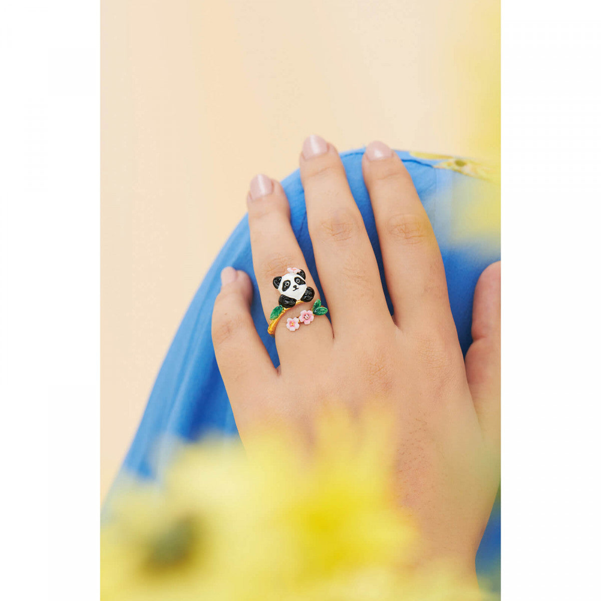 PANDA AND FLOWERS ADJUSTABLE RING