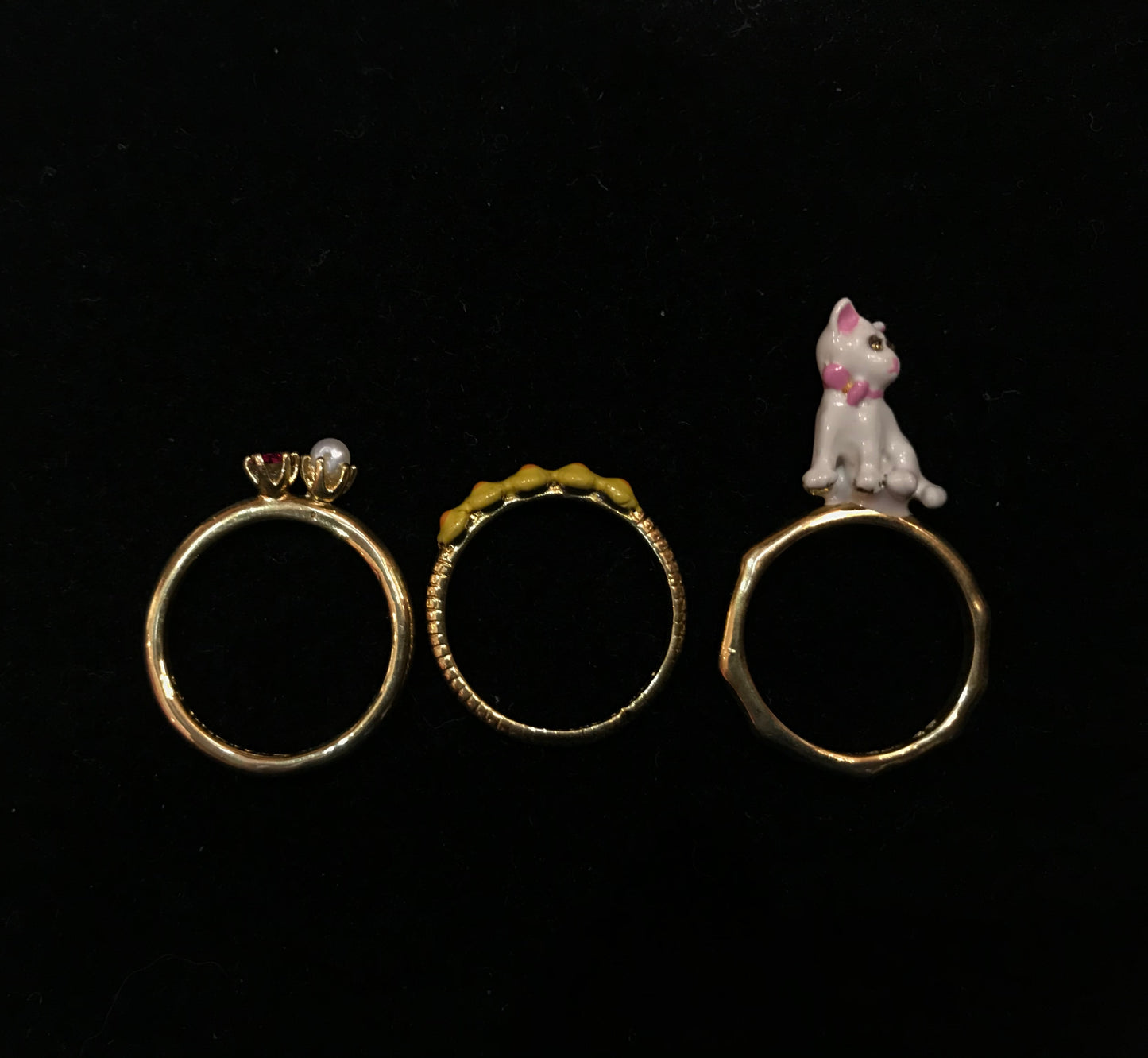 AFLC601/12 SET OF 3 RINGS LITTLE CATS WHITE CAT DANDELION FLOWERS AND CRYSTAL T52